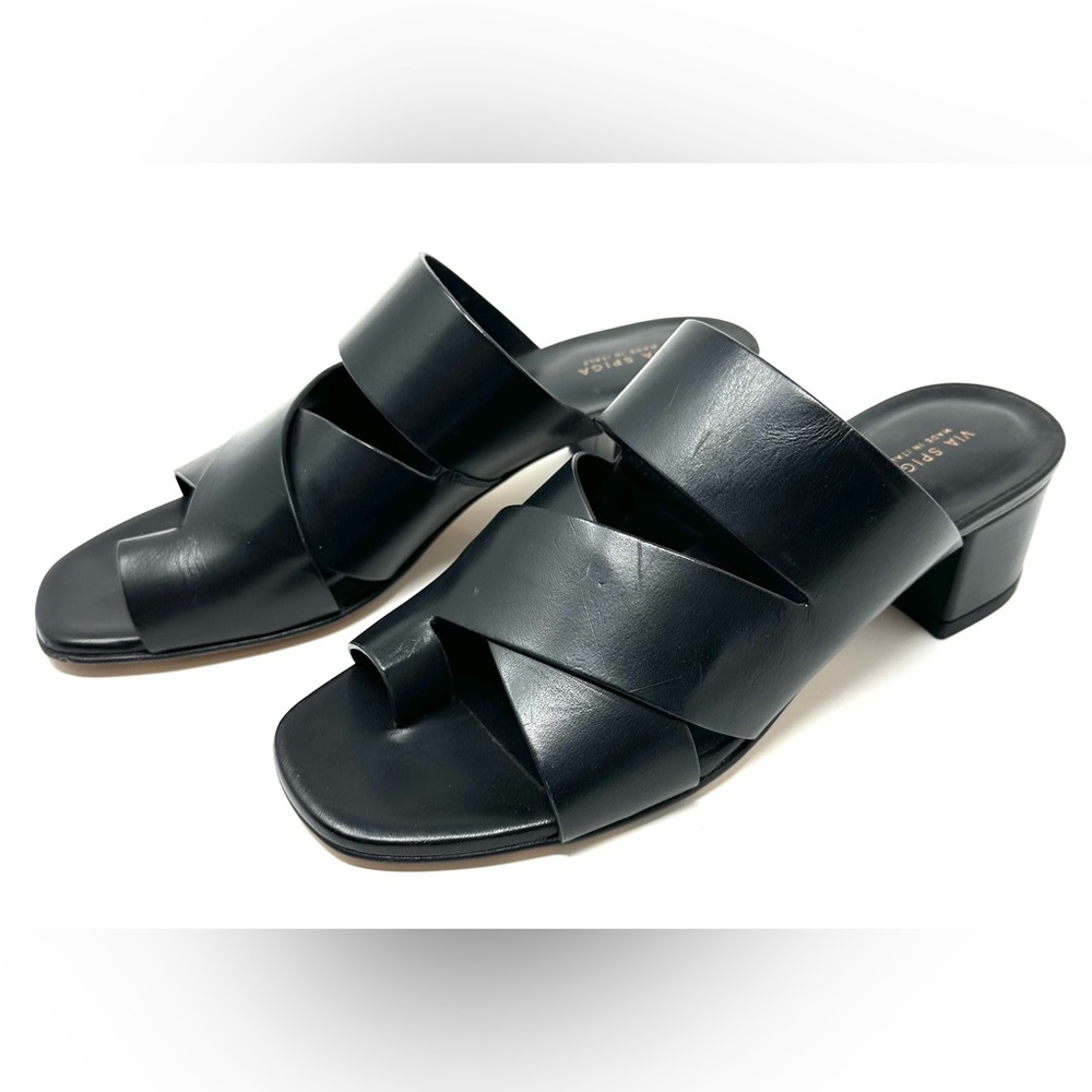 Via Spiga Black Leather Crisscross Mule Heels
